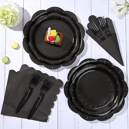 96 Pcs Black Paper Plates and Napkins Set Party Supplies, Tableware set for 24 Guest include Disposable Black Scalloped Plates, Napkins and Forks for Birthday Wedding Picnic