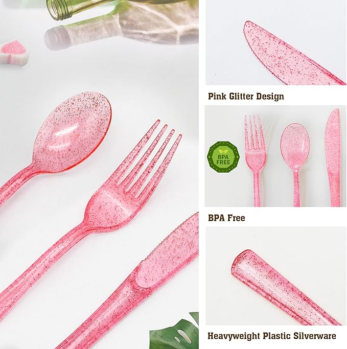 150 Pcs Pink Silverware Set Heavy Duty Pink Plastic Silverware - 50 Forks, 50 Knives, 50 Spoons for Brithday, Wedding, Baby Shower, Bridal Shower