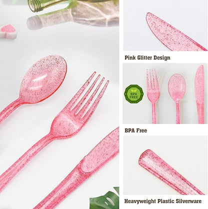150 Pcs Pink Silverware Set Heavy Duty Pink Plastic Silverware - 50 Forks, 50 Knives, 50 Spoons for Brithday, Wedding, Baby Shower, Bridal Shower