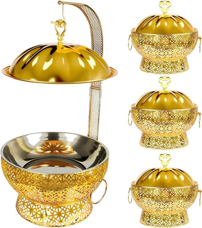 8QT Golden Chafing Dishes for Buffet, Round Stainless Steel Chafing Dish Set for Parties, Christmas Gatherings, Home, Catering Events Complete Buffet Warmer Colder Set (4)