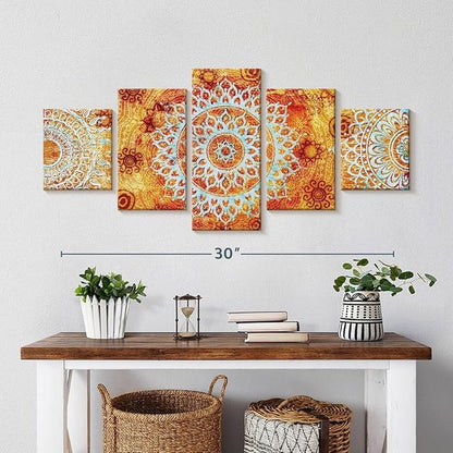 ElephantStock - Sun Like Mandala Symbols Wall Art - Horizontal Multi Panel Canvas - 5 Piece Living Room Wall Decor - Digital Art Elements Multi Piece Wall Art - Orange And Blue Decor - 36" x 15"