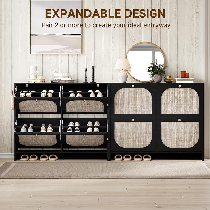 Nicetree Freestanding Arched Rattan Accent Ultra Slim Shoe Cabinet for Entryway - 4 Flip Drawers & 3-Tier Adjustable Shelves, Farmhouse Modern Rustic Shoe Rack for Hallway Foyer Living Room,Black