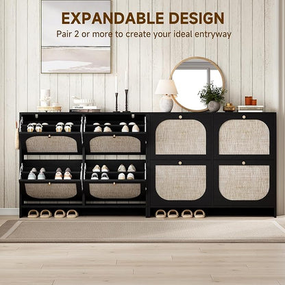 Nicetree Freestanding Arched Rattan Accent Ultra Slim Shoe Cabinet for Entryway - 4 Flip Drawers & 3-Tier Adjustable Shelves, Farmhouse Modern Rustic Shoe Rack for Hallway Foyer Living Room,Black