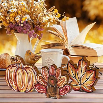 Smile 3 Pcs Wooden Blocks Pumpkin Turkey Maple Signs, Thanksgiving Tiered Tray Decorations, for Home Table Shelf.
