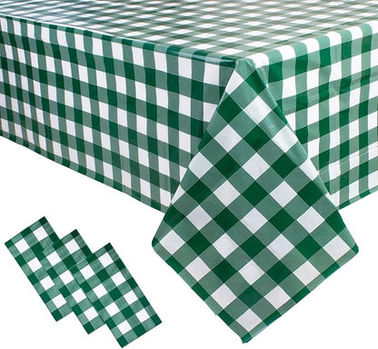 3 Packs Green and White Checkered Tablecloth 54x108 Inches Rectangle Gingham Tablecloth Disposable Plastic Waterproof Table Cover for Outdoor Picnic Kitchen and Birthday Party