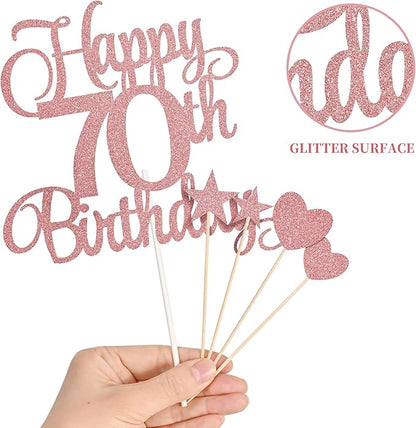 70th Birthday Cake Decorations, 70th Birthday Candles Cake Numeral Candles and Glitter Happy 70th Birthday Cake Toppers Set for Birthday Party Supplies (Rose Gold)
