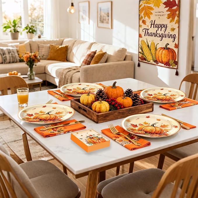 100Pcs Thanksgiving Oval Paper Plates and Napkins Set,10" x 12" Large Disposable Plates for Thanksgiving Party