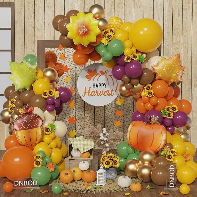 Fall Harvest Thanksgiving Balloon Arch Kit,144Pcs Burnt Orange Yellow Sage Green Brown Balloon Garland with Maple Leaves,Acorn,Pumpkin,Sunflower Foil Balloons for Friendsgiving Autumn Party Decoration
