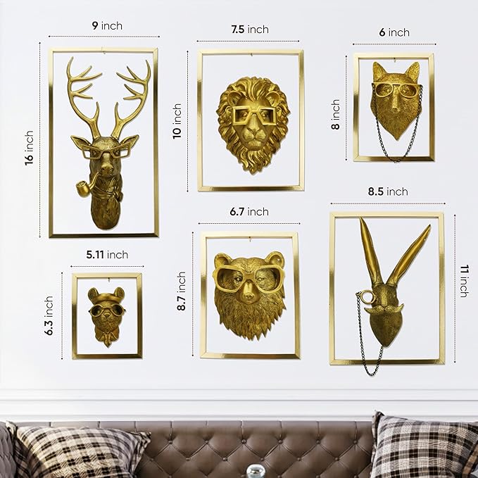 6 Packs Animal Heads Wall Decor with Wooden Frames (Squirell Gift), Large Animal Head, 3D Sculpture, Gift Ready, Easy to Install, Vintage Gold Wall Decor for Living Room, Bedroom, Office or Kitchen.