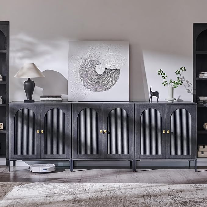 Modern Buffet Cabinet with Storage, 92.63" W Fluted Arched Sideboard Cabinet w/Adjustable Shelves, Wooden Modular Coffee Bar for Dining Room, Kitchen, Living Room, Entryway, Dark Grey