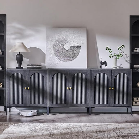Modern Buffet Cabinet with Storage, 92.63" W Fluted Arched Sideboard Cabinet w/Adjustable Shelves, Wooden Modular Coffee Bar for Dining Room, Kitchen, Living Room, Entryway, Dark Grey