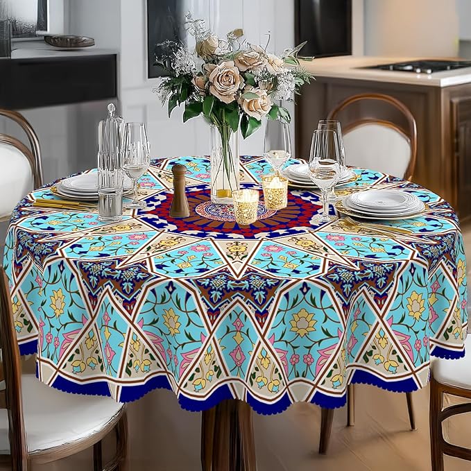 Eikione Boho Round Tablecloth 70inch, Tablecloth Waterproof and Wrinkle-Free, Boho Table Covers, Summer Decorations for Home