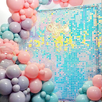 COKAOBE Rainbow Blue Shimmer Wall Backdrop 24PCS Square Sequin Shimmer Backdrop Panel, Photo Backdrops for Birthday, Anniversary, Wedding, Graduation & Bachelorette Party Decoration