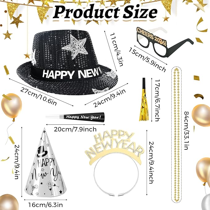 96 Pcs New Year's Eve Party Supplies for 24 Guests, 2026 Happy New Years Decoration with Silver Gold Black Top Hats, Cone Hats, Glitter Tiaras, Beaded Necklace, Squawkers, Noise Makers for Party Decor