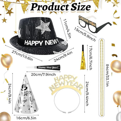 96 Pcs New Year's Eve Party Supplies for 24 Guests, 2026 Happy New Years Decoration with Silver Gold Black Top Hats, Cone Hats, Glitter Tiaras, Beaded Necklace, Squawkers, Noise Makers for Party Decor
