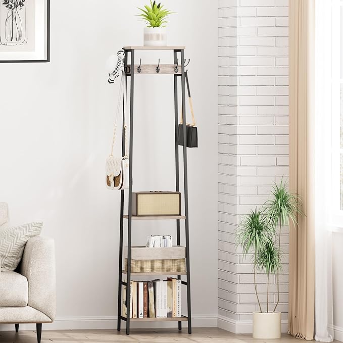 Coat Rack Freestanding, Coat Stand with 3 Shelves and 7 Hooks, Hall Tree Free Standing, Clothes Rack Stand Organizer, Industrial Style, Greige and Black