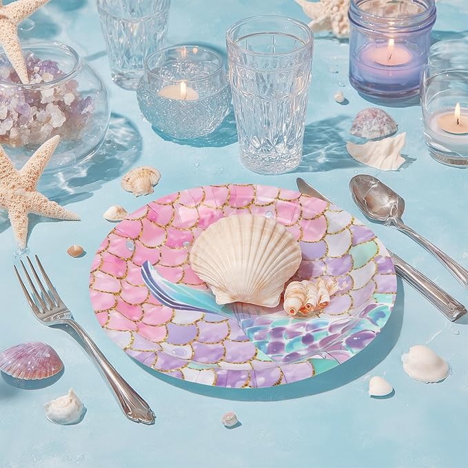 96pcs Mermaid Plates and Napkins Under the Sea Paper Plates Mermaid Fishtail Disposable Tableware Set for 24 Guests Baby Shower Wedding Birthday Party Supplies Decorations