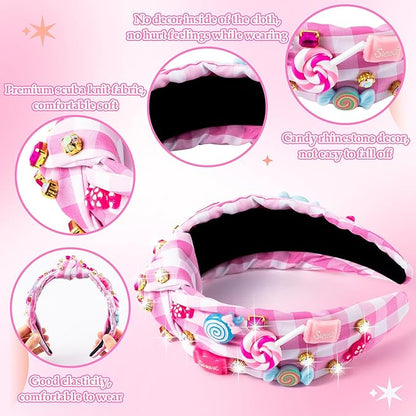 PANTIDE Candy Jeweled Knotted Headband - Christmas Sugar Lollipop Rhinestone Crystal Embellished Preppy Headband Wide Top Knot Hairband Hair Accessories Birthday Gift for Women Girls (Pink Plaid)