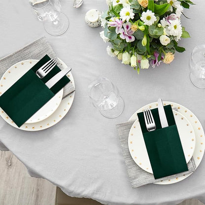Dark Green Napkins Hand Towels Disposable, Linen-Feel Dinner Napkins with Prefolded Built-in Flatware Pocket, Guest Paper Hand Towels for Christmas Wedding Reception (16x16in, 50Pack）