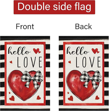 Louise Maelys Valentine's Day Garden Flag Hello Love Heart 12x18 Inch Double Sided Flower Welcome Small Burlap Spring Holiday Yard Outdoor Outside Home House Decoration