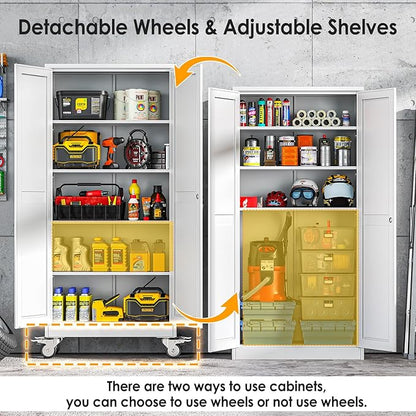 71''H Tall Metal Garage Storage Cabinet with Wheels,Steel File Cabinets with 2 Doors and 4 Adjustable Shelves for Home Office, Warehouse, Required Assembly,White
