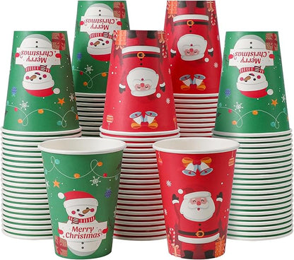 Lamosi Christmas Paper Cups 12 oz 100 Pack, Disposable Coffee Cups Hot/Cold Beverage for Xmas Party, Holiday, Cafe, Restaurant