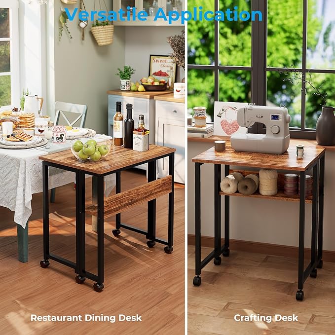 GreenForest Folding Desk Small Rolling Desk with Storage Shelf, 24.8 inch Foldable Computer Desk with Wheels for Small Space, Easy Assembly,Walnut