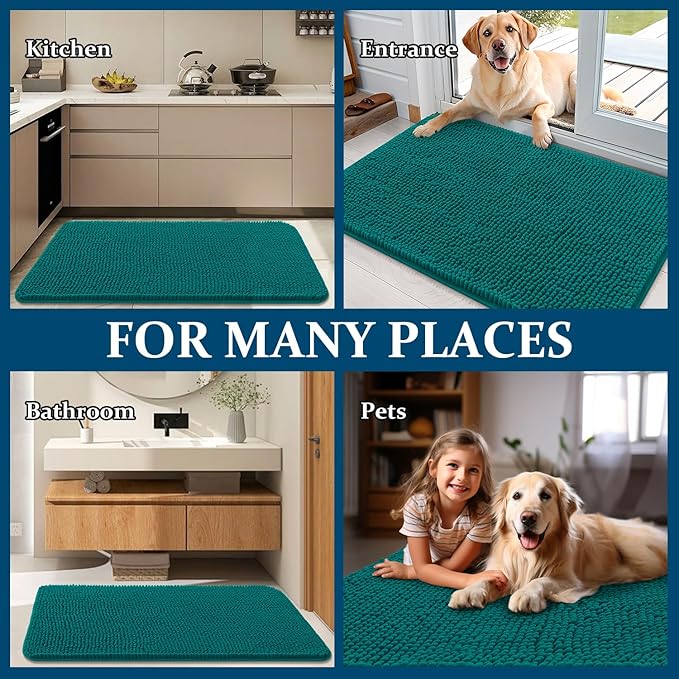 OLANLY Dog Door Mat for Muddy Paws 70x24, Absorbs Moisture and Dirt, Absorbent Non-Slip Washable Doormat, Quick Dry Chenille Mud Mat for Dogs, Entry Indoor Entryway Carpet for Inside Floor, Lake Blue