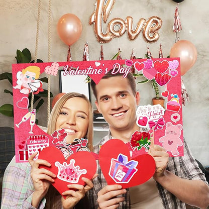 24 Pcs Valentine's Day Photo Booth Props Decor, Valentine's Day Photo Prop Frame and 23 Pcs Valentine Day Photo Booth Props for Happy Valentines Themed Party Supplies Decoration