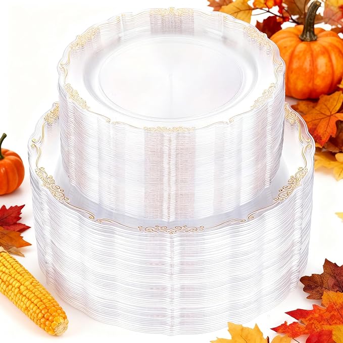 U-QE 100PCS Clear Gold Christmas Plastic Plates - Disposable Heavy Duty Clear Plates with Gold Rim Including 50PCS 10'' & 50PCS 7.5'' Perfect for Christmas, Party, Weddings