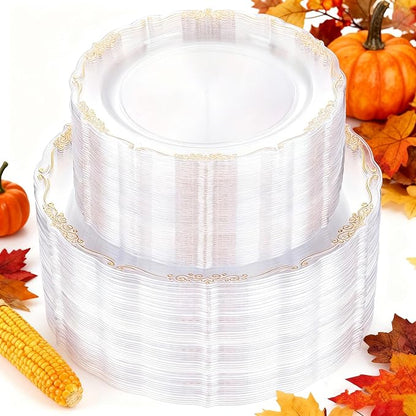 U-QE 100PCS Clear Gold Christmas Plastic Plates - Disposable Heavy Duty Clear Plates with Gold Rim Including 50PCS 10'' & 50PCS 7.5'' Perfect for Christmas, Party, Weddings