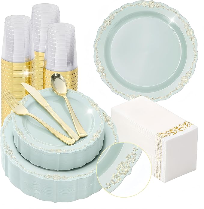 350 PCS Green Disposable Plates, Elegant Dinnerware Set for 50 Guests, 100 Plastic Plates, 150 Silverware, 50 Cups & 50 Paper Napkins, Green
