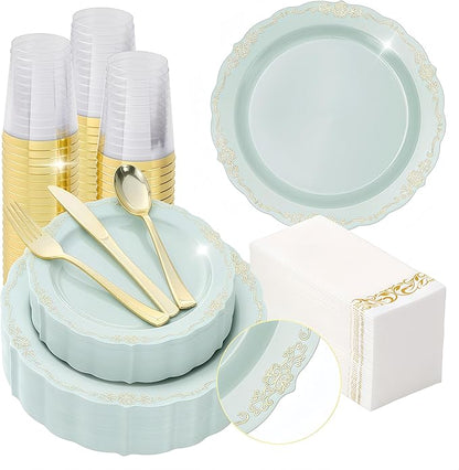 350 PCS Green Disposable Plates, Elegant Dinnerware Set for 50 Guests, 100 Plastic Plates, 150 Silverware, 50 Cups & 50 Paper Napkins, Green