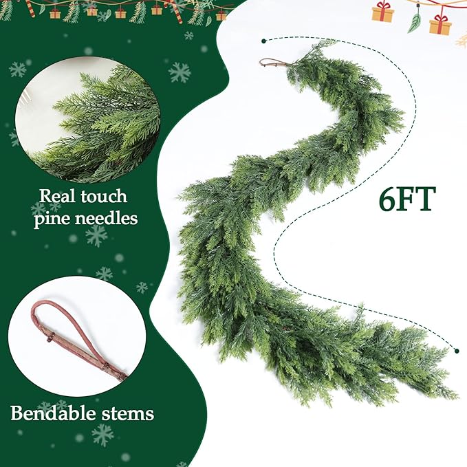 MIZII Christmas Garlands 6 Feet Thick Artificial Pine Garland Real Touch Green Pines Vine Faux Greenery Garland Christmas Decorations for Xmas Fireplace Mantle Home Decor Indoor Outdoor (Thick Pine)