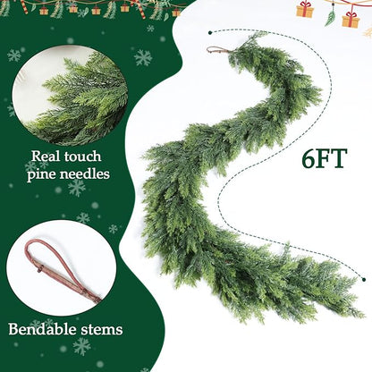MIZII Christmas Garlands 6 Feet Thick Artificial Pine Garland Real Touch Green Pines Vine Faux Greenery Garland Christmas Decorations for Xmas Fireplace Mantle Home Decor Indoor Outdoor (Thick Pine)