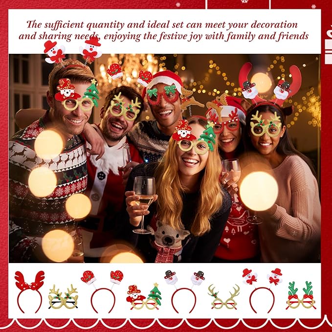 Hiboom 64 Pcs Christmas Glasses Frame and Headbands Set, Glitter Eyewear with Christmas Headband for Adults Holiday Party Decoration Photo