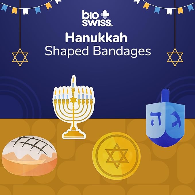 BioSwiss Kids Bandages, Hanukkah Shaped Self Adhesive Bandage Set, Latex Free, Sterile Wound Care, 50 Count