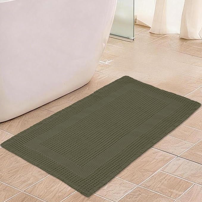 Waffle Bath Mat Non Slip, Boho Runner Rug, Super Absorbent Quick Dry Long Bath Runner Bathroom, Soft Farmhouse Bath Rug with Tassels, Washable Shower Mats for Floor 24"x48", Square Olive Green