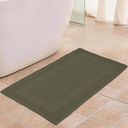 Waffle Bath Mat Non Slip, Boho Runner Rug, Super Absorbent Quick Dry Long Bath Runner Bathroom, Soft Farmhouse Bath Rug with Tassels, Washable Shower Mats for Floor 24"x48", Square Olive Green