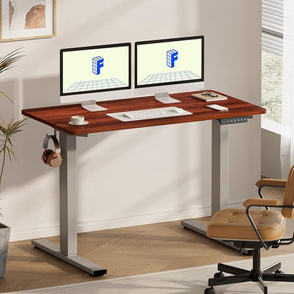 FLEXISPOT EN1 One-Piece Standing Desk with 1-Inch Thick Desktop, 55"x28" Electric Height Adjustable Desk for Home Office & Multi-Device Workstations, Mahogany(Silver Frame)