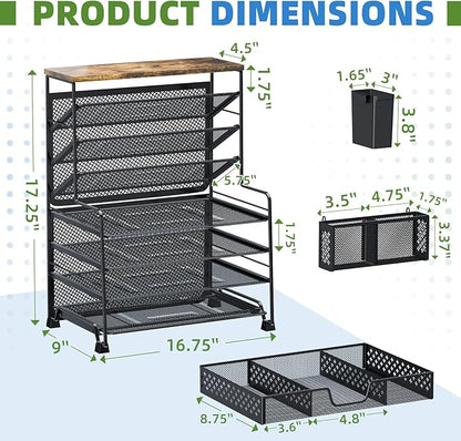 8 Tier Desk File Organizer with Sliding Drawer, Desktop Organizers and Accessories, Letter Size File Organizer for Desk, Black