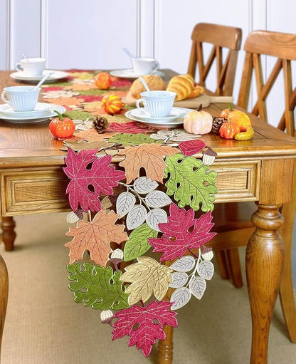 KEVA Fall Table Runner 72inches Long, Harvest Embroidered Thanksgiving Autumn Maple Leaves Table Runner 13x72 inch for Thanksgiving Kitchen Fall Table Decoration