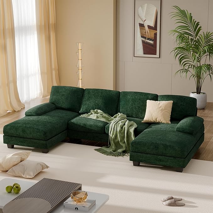 Furniwell Convertible Sectional Sofa Couch, 4 Seat Sofa Set for Living Room U-Shaped Modern Fabric Modular Sofa Sleeper with Double Chaise & Memory Foam (Fabric, Dark Green)