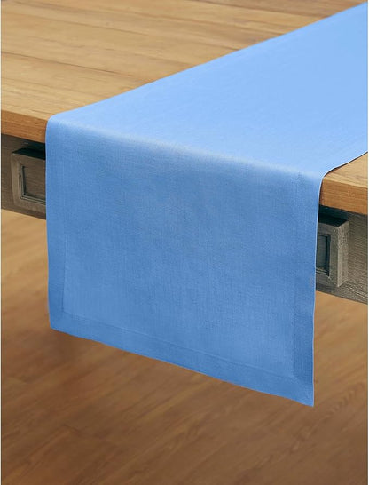 Solino Home Linen Table Runner 48 Inches - 100% Pure Linen Provence Blue Table Runner 14 x 48 Inch Ideal for Dresser and Coffee Tables - Fete - Christmas, Winter, New Year