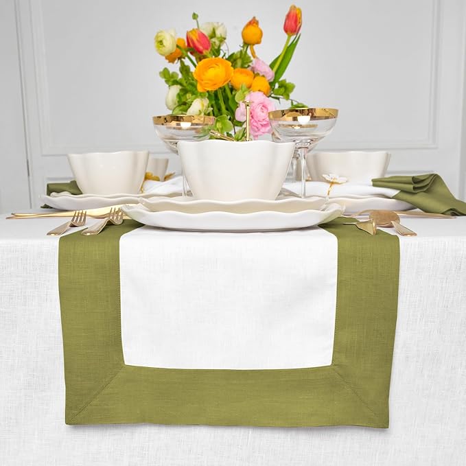 Solino Home Linen Table Runner 36 Inches - 100% Pure Linen Avocado and White Small Table Runner 14 x 36 Inch Ideal for Dresser and Coffee Tables - Fall, Autumn, Thanksgiving, Winter - Contempo