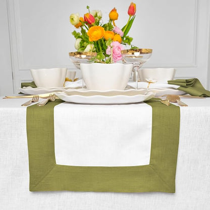 Solino Home Linen Table Runner 36 Inches - 100% Pure Linen Avocado and White Small Table Runner 14 x 36 Inch Ideal for Dresser and Coffee Tables - Fall, Autumn, Thanksgiving, Winter - Contempo