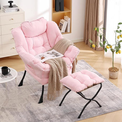 LITA Lazy Chair with Ottoman, Modern Accent Leisure Upholstered Sofa, Contemporary Lounge Reading Chair with Armrests and a Side Pocket for Living Room, Bedroom & Small Space, Pink