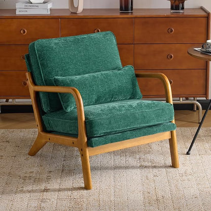 Karl home Mid Century Modern Accent Chair with Lumbar Pillow & Oak Arms – Plush Chenille Living Room Chair for Bedroom, Lounge (Dark Green)