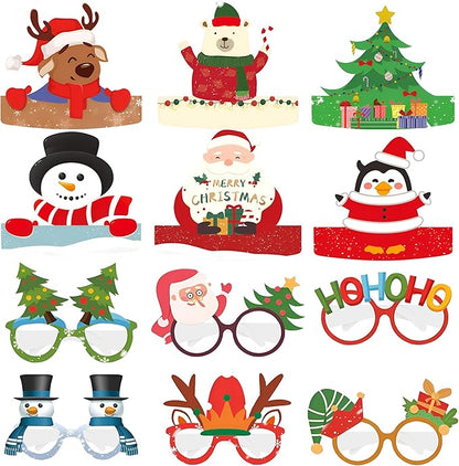 KatchOn, 12 Pcs Christmas Glasses and Hat Set | Christmas Photo Booth Props | Snowman Reindeer Headband and Holiday Eyeglasses | Christmas Decorations Indoor