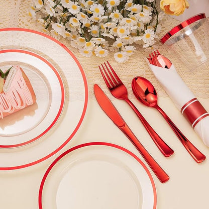 700PCS Clear Red Disposable Plastic Dinnerware Set for 100 Guests, 200 Plastic Plates, 100 Cups, 100 Pre-Rolled Napkins with Cutlery for Party, Christmas, Birthday, Wedding, Thanksgiving, Halloween